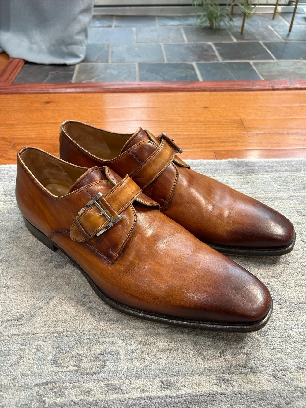 Magnanni Men’s 11.5M Leather Single Monk Strap Dress Shoes Cognac Brown